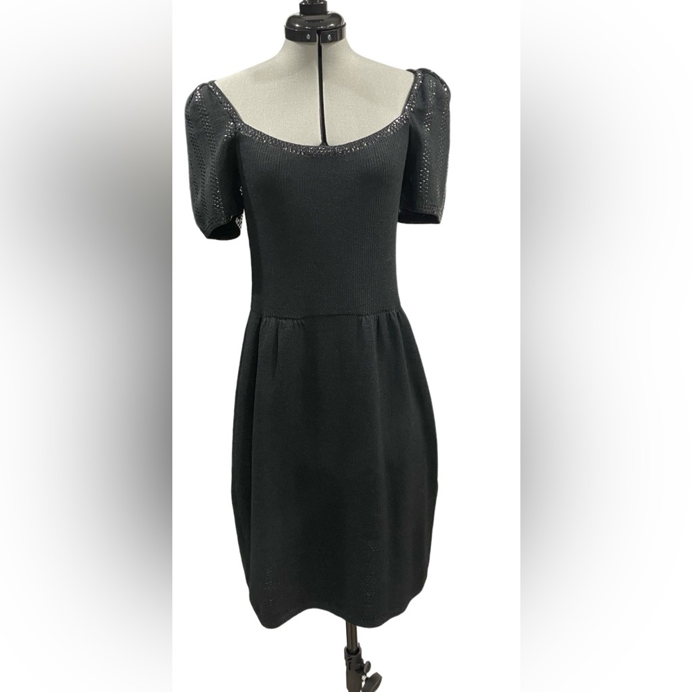 St. John VTG knit midi dress, puff short sleeves, beaded trim, M, EUC